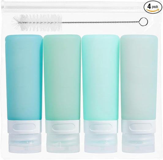 MICEBAY Condiment Squeeze Bottles for Sauces, 3-oz Mini Silicone Salad Dressing Container to Go with Snack Storage Bag, Leakproof Sauce Bottles for Lunch Box, 4 Pack, Mint