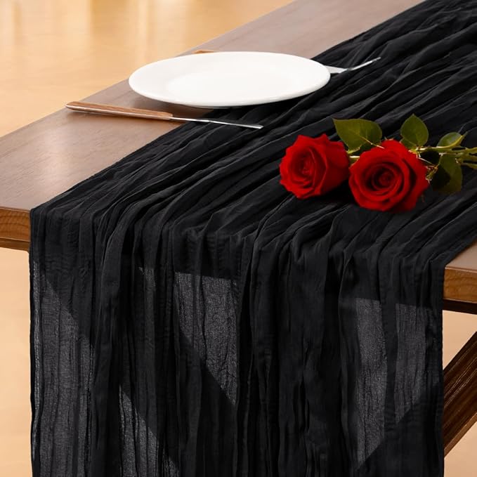 Socomi 10pcs Black Cheesecloth Table Runner Boho Rustic Gauze Summer 120 inch 10FT Cheese Cloth Sheer Runner for Wedding Party Baby Shower Birthday Home Decor Holiday Decorations