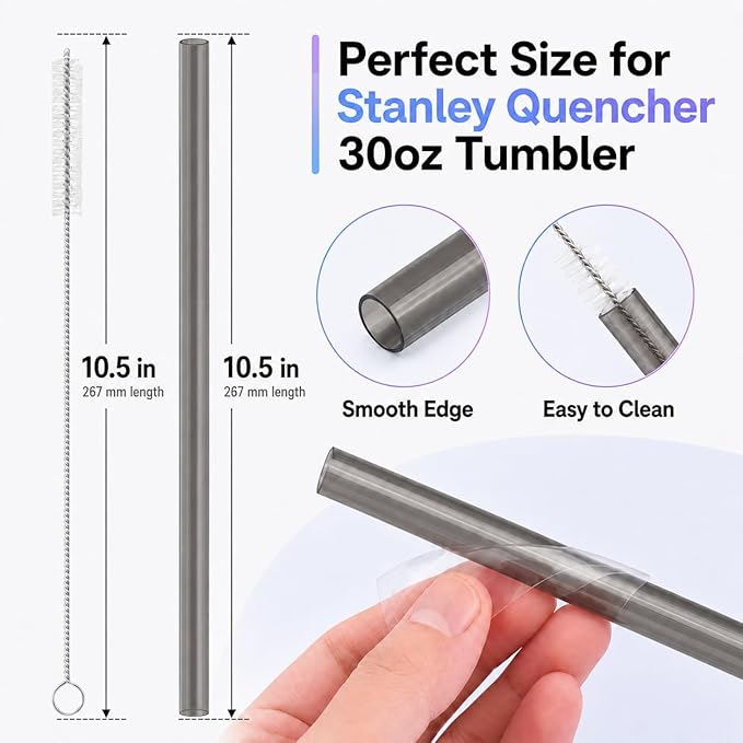 Joshey 10.5 Inch Tritan Replacement Straws for Stanley 30oz Tumbler - 6 Pack Reusable Long Straws with Cleaning Brush, Fits 30oz Stanley Cup Accessories, BPA-Free (Gray)