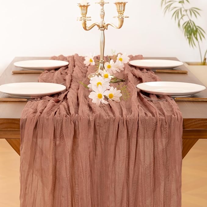 Socomi Dusty Rose Summer Cheesecloth Table Runner Boho Rustic Gauze 120 inch 10FT Cheese Cloth Sheer Runner for Wedding Party Baby Shower Birthday Home Decor Holiday Decorations