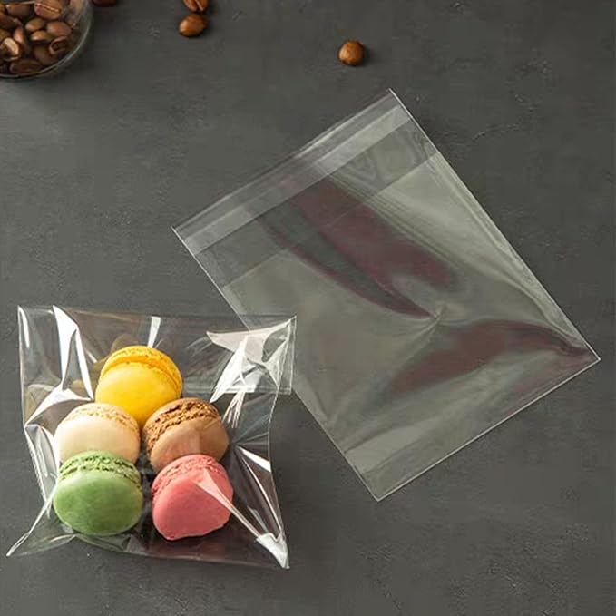 SUREHOME Cookie Bags with Seal 100 Pcs 4 x 4 In Clear Self Sealing Cellophane Bags for Cookie Packaging Small Treat Bag Self Adhesive Individual Cookie Wrappers Gift Giving Candy Baked Goods Sleeves