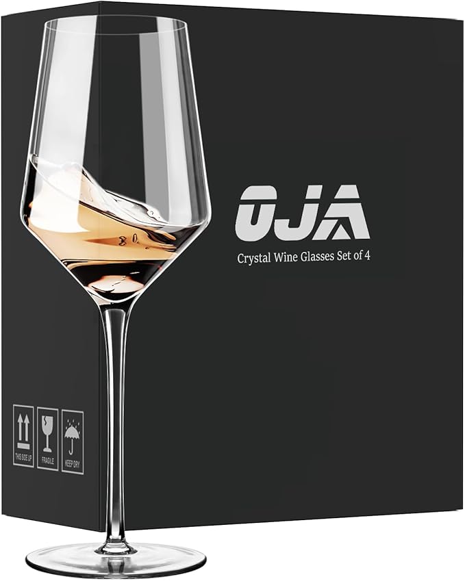 OJA White Wine Glasses Set of 4- Modern Crystal Hand Blown Wine Glass-15 oz,Thin Rim,Long Stem,Perfect for Red or White,Daily Use,Unique Wedding Anniversary or Birthday Gift