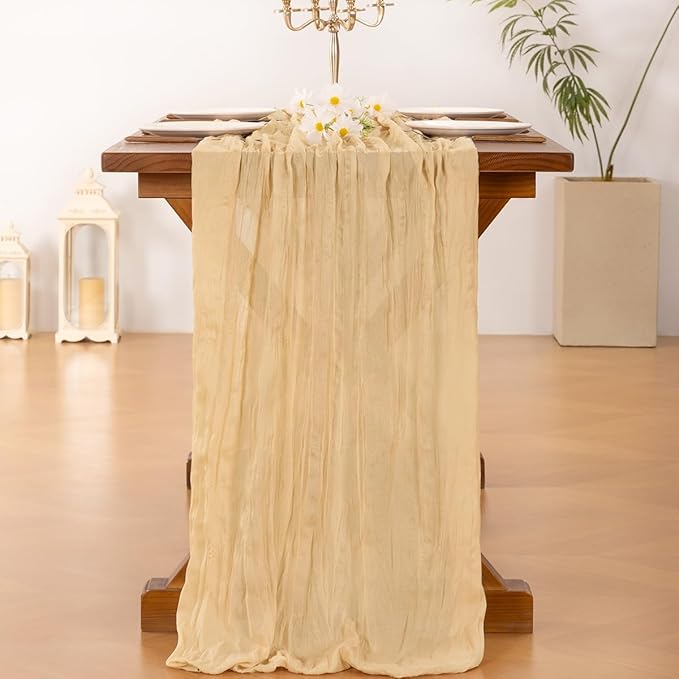 Socomi 2pcs Gold Champagne Cheesecloth Table Runner Summer Boho Rustic Gauze 120 inch 10FT Cheese Cloth Sheer Runner for Wedding Party Baby Shower Birthday Home Decor Holiday Decorations