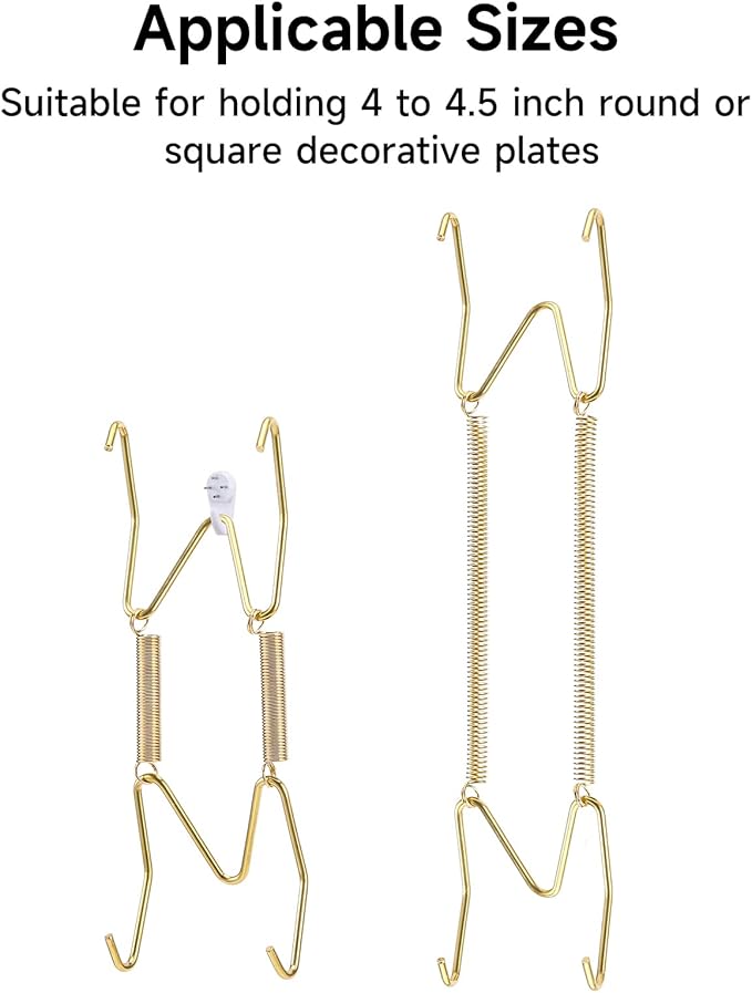 10 Piece Plate Hangers, 4 Inch Invisible Brass Wall Plate Hangers, Comes with 12 Piece Wall Hooks for Decorative Plates