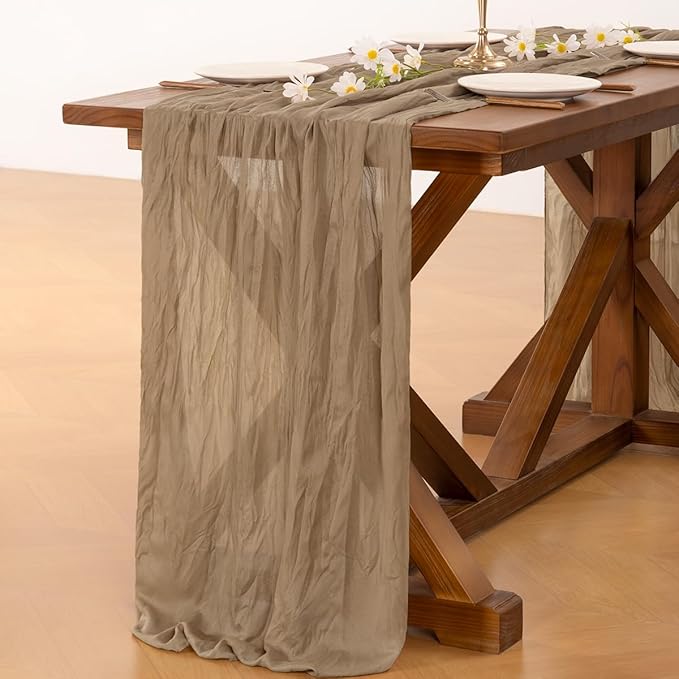 Socomi 15pcs Nude Brown Cheesecloth Table Runner Summer Boho Rustic Gauze 120 inch 10FT Cheese Cloth Sheer Runner for Wedding Party Baby Shower Birthday Home Decor Holiday Decorations