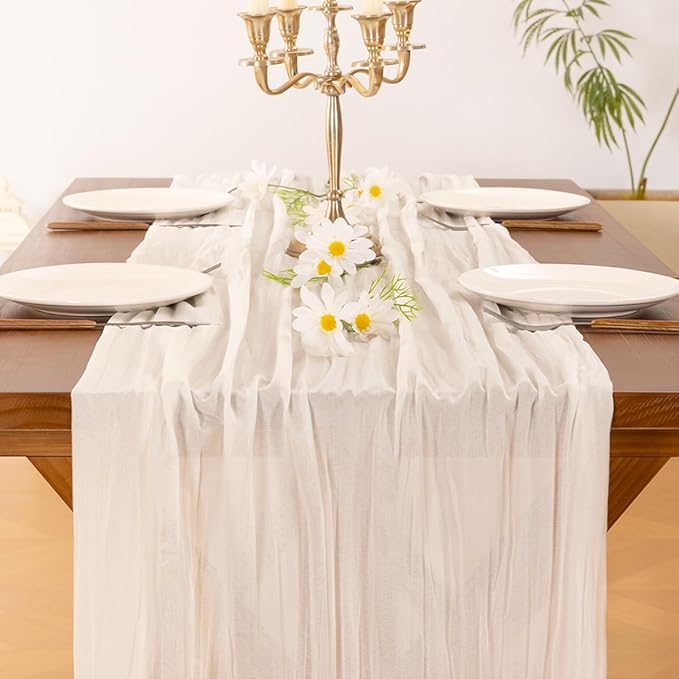 Socomi 15pcs Ivory White Cheesecloth Table Runner Summer Boho Rustic Gauze 120 inch 10FT Cheese Cloth Sheer Runner for Wedding Party Baby Shower Birthday Home Decor Holiday Decorations