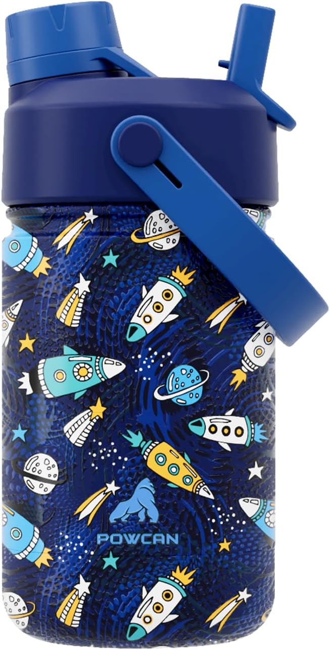 12 oz Kids Metal Water Bottle for School: Leakproof, Insulated Cup with Dual Straw Spout Lid, BPA-Free, Car Cupholder Friendly, 24H Cold for Camping, Sports, Birthday Gift for Boys, Son (Rocket Zoom)