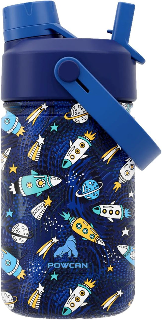 12 oz Kids Metal Water Bottle for School: Leakproof, Insulated Cup with Dual Straw Spout Lid, BPA-Free, Car Cupholder Friendly, 24H Cold for Camping, Sports, Birthday Gift for Boys, Son (Rocket Zoom)