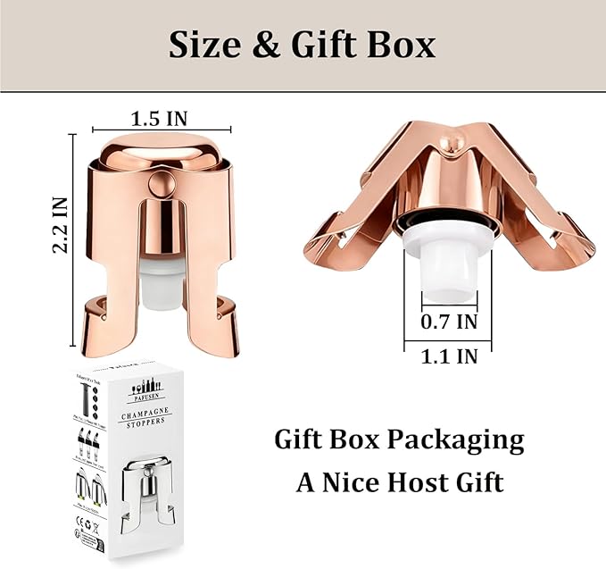 Champagne Stoppers for Bottles, Pafusen Champagne Sealer Stopper, Stainless Steel Champagne Cork Stopper Toppers, Saver for Champagne Cava Prosecco Sparkling Wine (Champagne -3-Pack-Rose Gold)