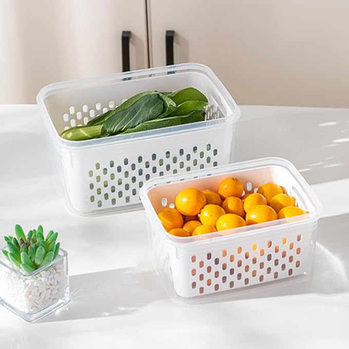 2 Pack Fruit Storage Containers for Fridge, Stackable Food Storage Containers with Removable Colander, Refrigerator Organizer with Drain Baskets Lids- Keeping Food Fresh Longer