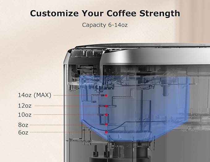 Bonsenkitchen Single Serve Coffee Maker K Cup Pod with 6-14oz Brew Size- 3 Min Fast Brewing Machine with Strength Control, BPA-free Materials, Fits 6.6" Travel Mugs, Silver, Upgrade