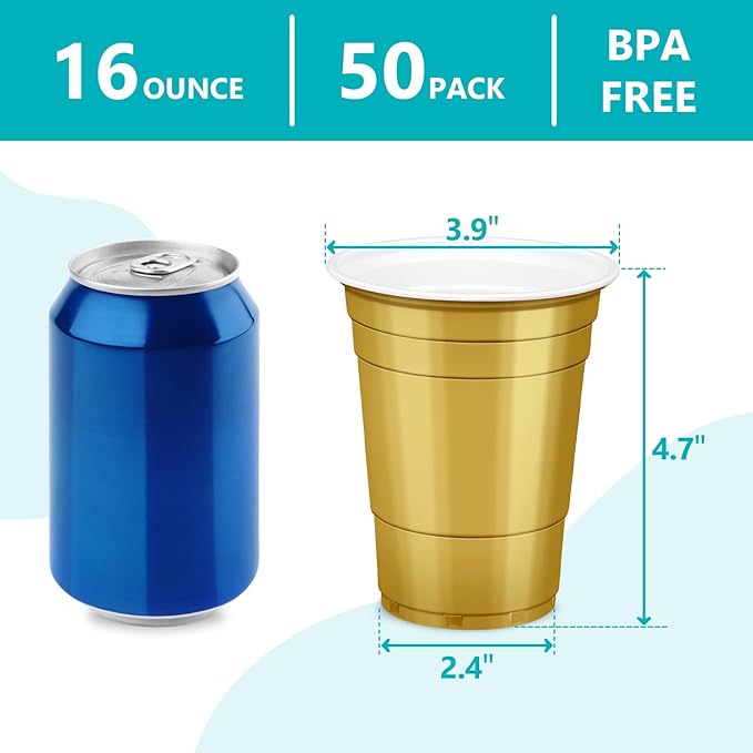 LANLISA 50 Gold Plastic Cups, 16 oz Disposable Cups, Drinking Cups For Birthday Party Supplies, Graduation, Thanksgiving Decorations, Harvest, Fall, New Years