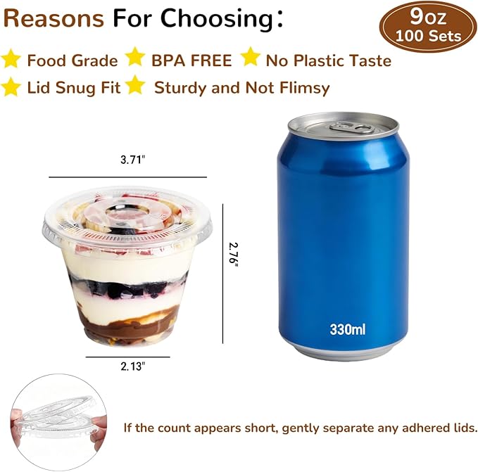 9oz Clear Plastic Cups with Flat Lids No Hole Disposable Togo Cups with Lids for Fruit Snack Yogurt Jelly Pudding Cold Drink in Party Picnic (100 Sets)