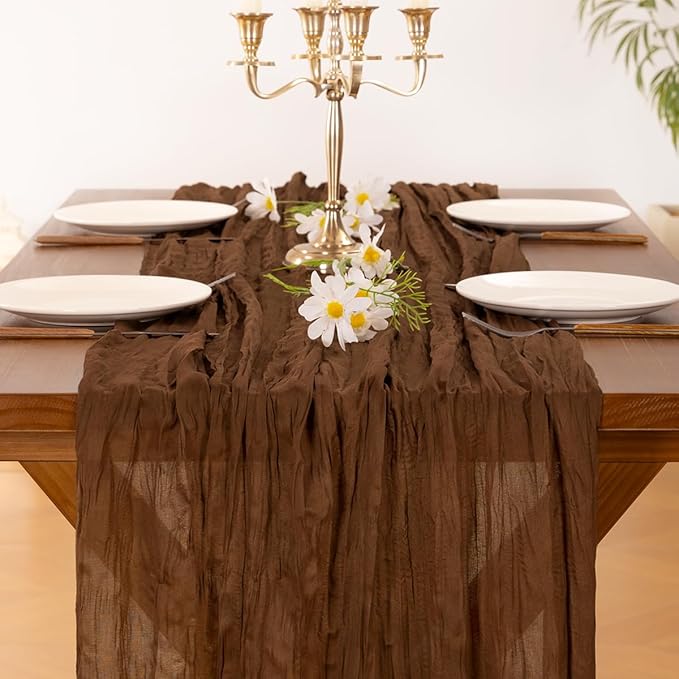 Socomi 2pcs Brown Coffee Summer Cheesecloth Table Runner Boho Rustic Gauze 120 inch 10FT Cheese Cloth Sheer Runner for Wedding Party Baby Shower Birthday Home Decor Holiday Decorations