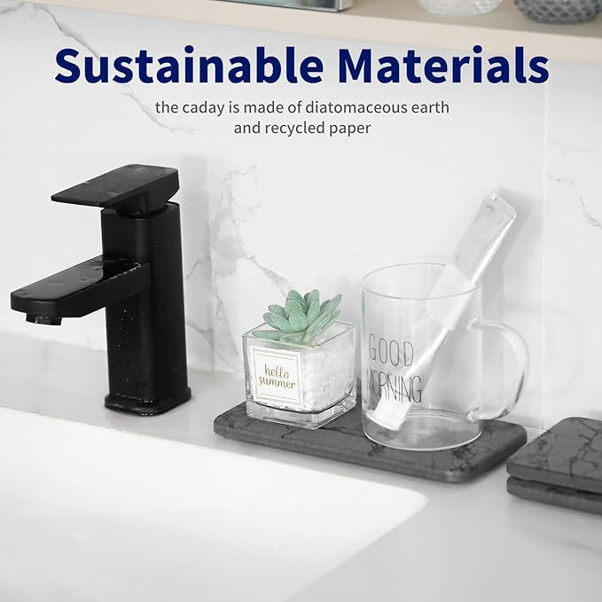 Small Stone Drying Mat & Coasters Set, 3PCS Water Absorbent Diatomite Tray for Kitchen Sink, Bathroom Countertop, Fast Absorbing Stone Holder for Soap, Plants, Toiletries(Marble Grey)