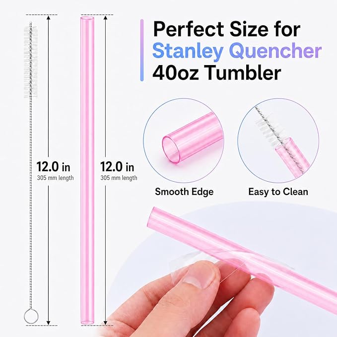 Joshey 12 Inch Tritan Replacement Straws for Stanley 40oz Tumbler - 6 Pack Reusable Long Straws with Cleaning Brush, Fits 30oz & 40oz Stanley Cup Accessories, BPA-Free (Pink)