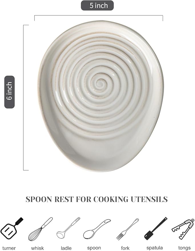 Ceramic Spoon Rest for Stove Top, Spoon Holder for Kitchen Counter, Farmhouse Cooking Utensil Holder for Spoons, Ladles, Spatula, Glazed White