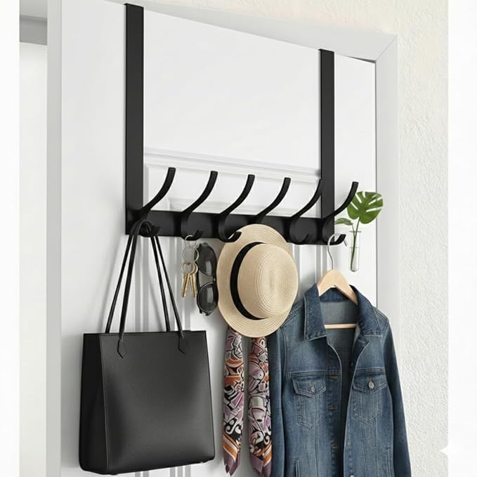 2 Pack Large Over The Door Hooks, Sturdy Door Hanger with 12 Hooks, Door Towel Rack for Bathroom, Bedroom, Kitchen, Coat Rack for Hanging, Easy to Install (Black)