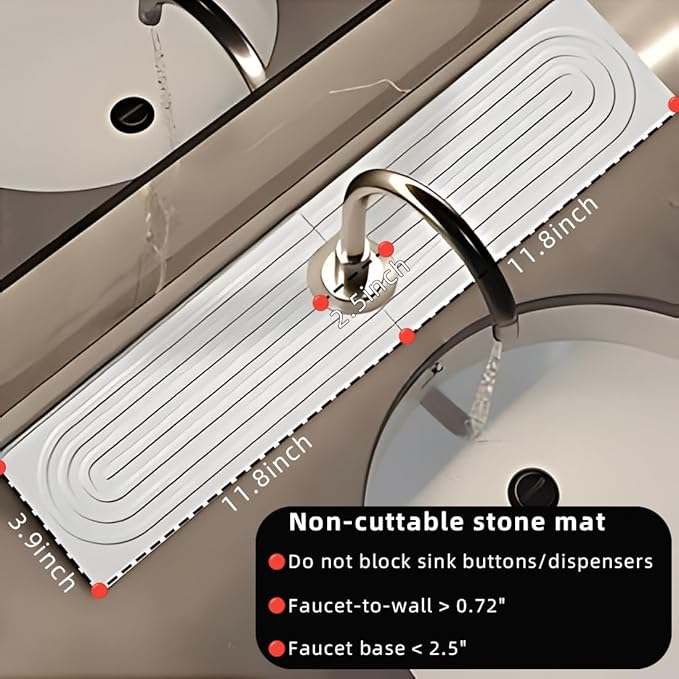 sumelixDiatomaceous Earth Faucet Mat for Kitchen Sink, Super Absorbent Stone Splash Guard | Fast Drying Water Absorbent Tray | Fits Behind Faucet (23.6'' x 4'') (White, 23.6" x 4")
