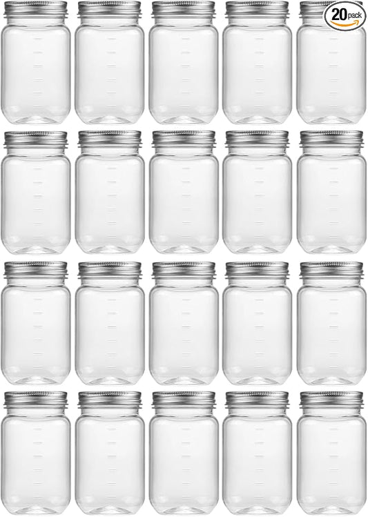 novelinks 16 oz Clear Plastic Jars with Lids, Refillable 16oz Mason Jars with Lids & Storage Containers for Kitchen & Household Use (20 Pack,Silver)