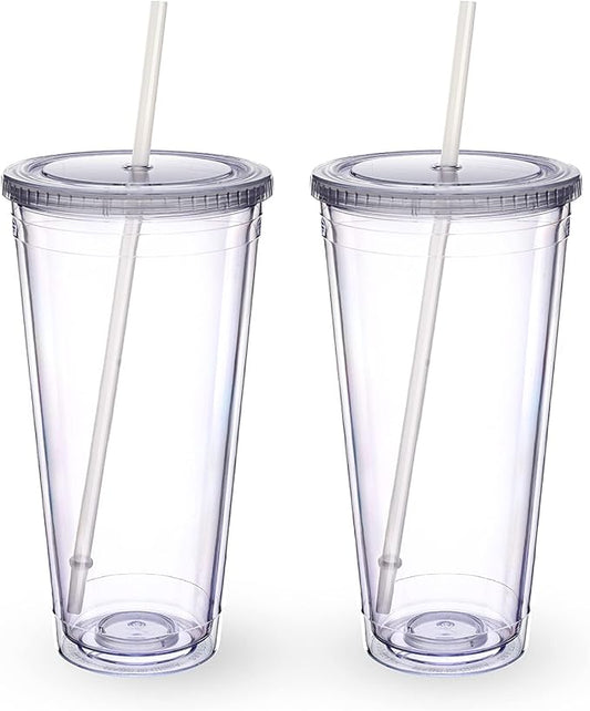 Zukro Clear Acrylic Tumbler with Straw and Lid 32 oz, Double Walled Insulated Reusable Plastic Iced Coffee Cup, To Go Cup Perfect for Parties, Birthdays, Fit in Cupholder, BPA Free, Clear, 2 Pack