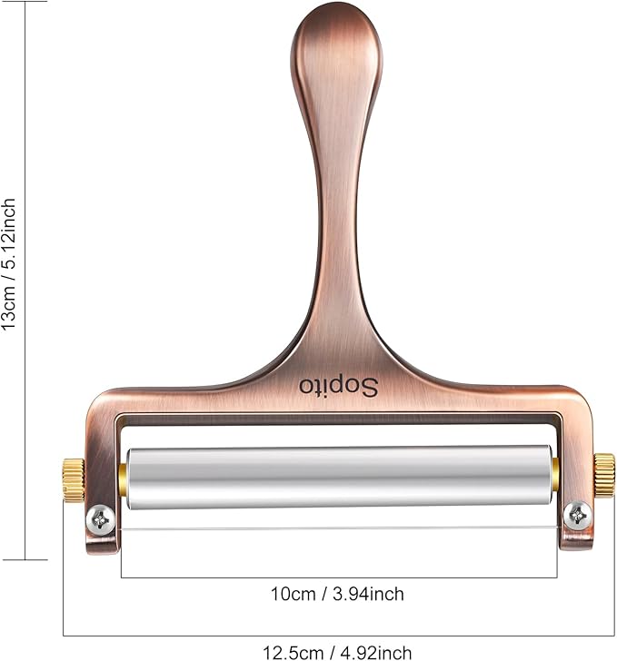 Sopito Cheese Slicer Stainless Steel With 3 Extra Wires Great for Cheddar, Gruyere, Raclette, Mozzarella Cheese Block, Adjustable Thickness, Copper