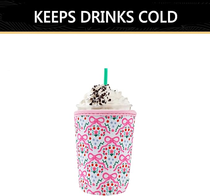 YR Reusable Neoprene Insulator Sleeve for Iced Coffee Cups, 3 Pack Coffee Coolies sleeves for Iced & Hot Drinks, Cold Beverage Cooler Compatible with Starbucks Coffee and More (Pink Bows)