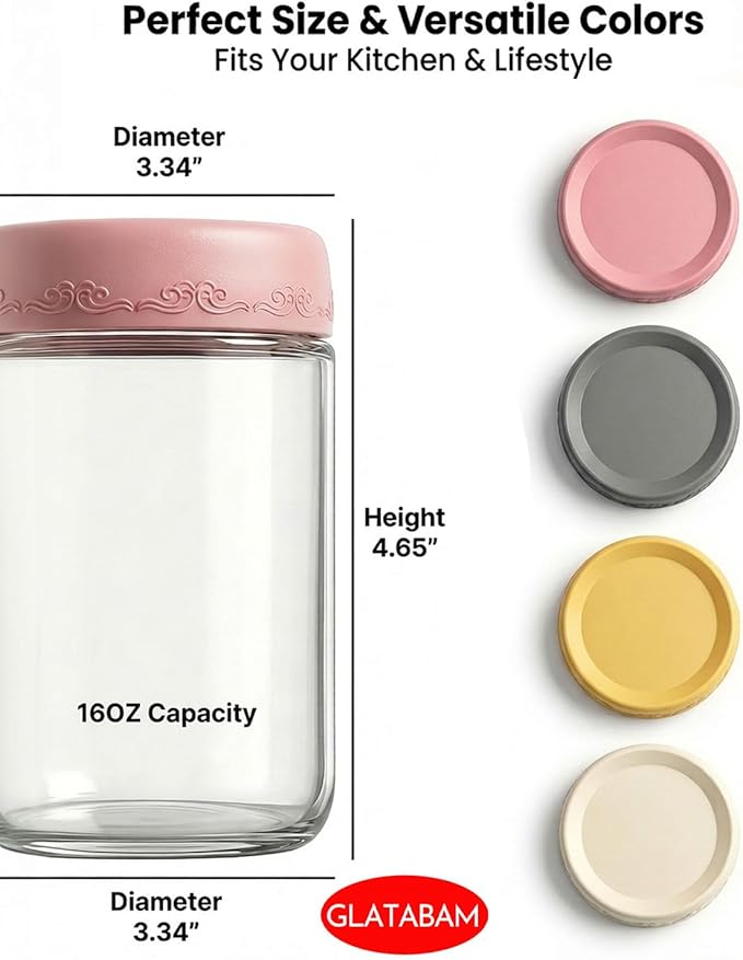 16 OZ 4Pack, Overnight Oats Jars with Lids, Glass Meal Prep Containers, Airtight Mason Jars for Breakfast, Yogurt Parfait, Salad & Smoothies, Leakproof and Reusable Food Storage Jars(4-2)