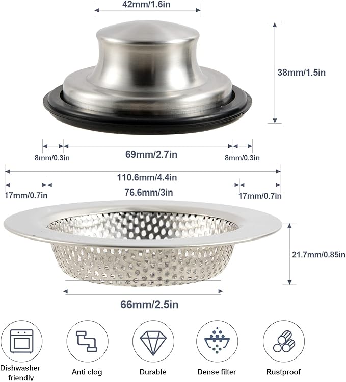 RQYEKDO Polished Kitchen Sink Strainers Sink Stopper Kits, Stainless Steel Sink Drain Strainer Set,Large Wide Rim 4.4" Diameter Food Catcher Garbage Disposal Plug for Most Sink Drains Basket Filter