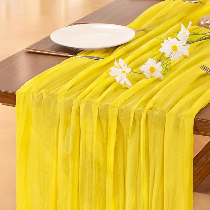 Socomi 10pcs Yellow Cheesecloth Table Runner Boho Rustic Gauze 120 inch 10FT Cheese Cloth Sheer Runner for Wedding Party Baby Shower Birthday Home Decor Holiday Decorations