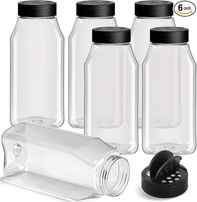 TUZAZO 32 Oz Spice Bottles Plastic Seasoning Containers, 6 PACK Large Plastic Spice Jars with Shaker Lids Empty for Spice & Herbs, BPA Free | Heavy Duty | Wide Mouth | Dual Flaps