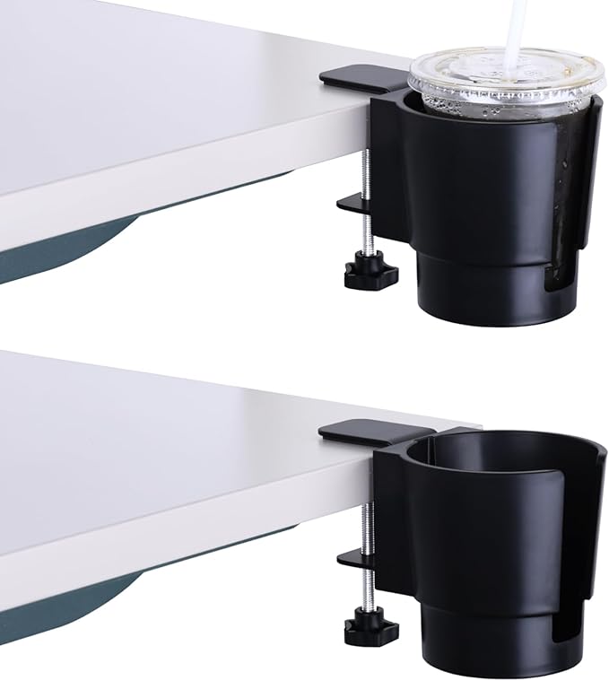 Universal Large Desk Cup Holder Clamp on, Heavy Duty Plastic Drink Holder for Table, Porch Swing, Patio Chair, Clip On Anti-Spill Bottle Holder for Most Cups, Bottles, Cans, Tumbles, Black, Pack of 2