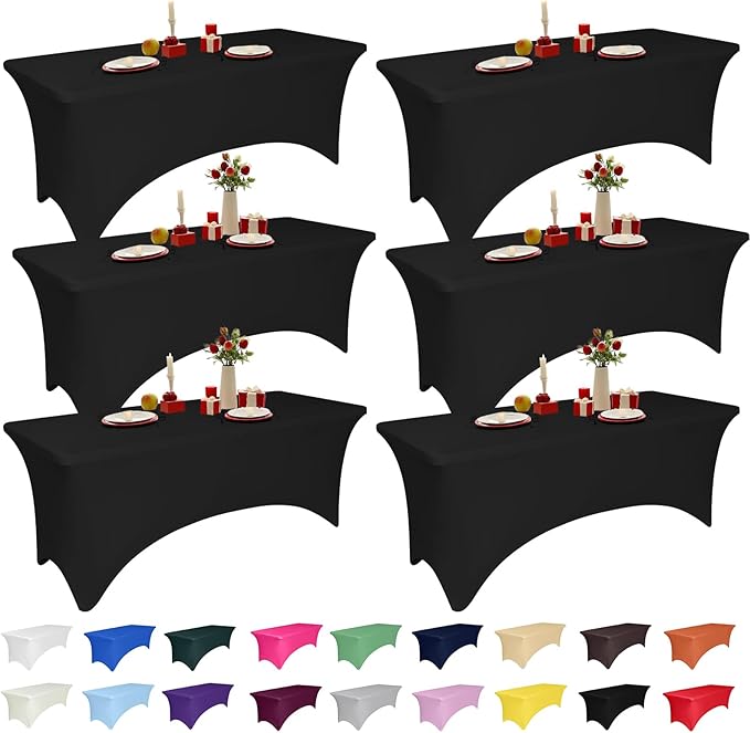 6 Pack 4 Feet Black Spandex Tablecloth for Rectangular Tables, Fitted & Stretch, Washable, Wrinkle Resistant, Perfect for Event, Wedding, Party, Banquet, Cocktail, Festival, and Table Protector