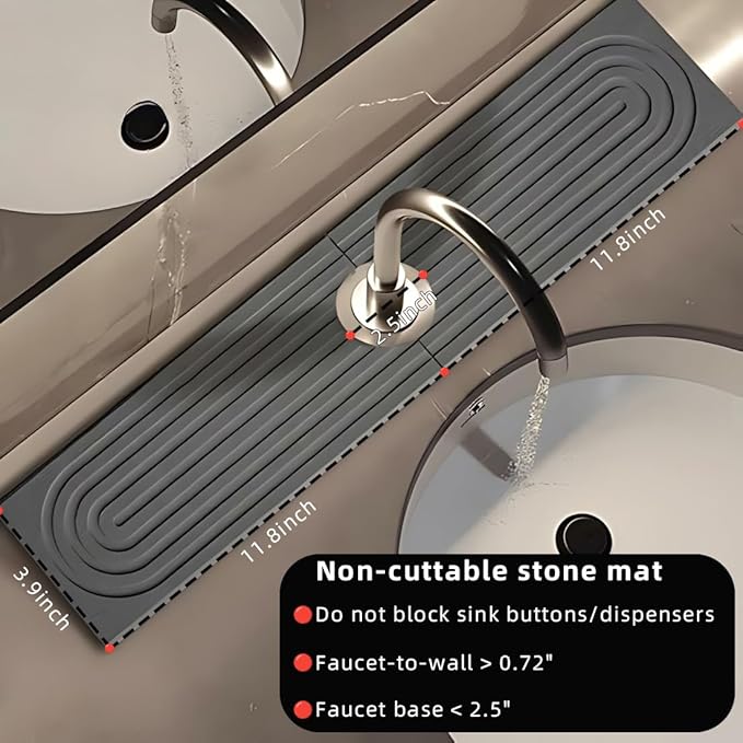 sumelixDiatomaceous Earth Faucet Mat for Kitchen Sink, Super Absorbent Stone Splash Guard | Fast Drying Water Absorbent Tray | Fits Behind Faucet (23.6'' x 4'') (Deep Grey, 23.6" x 4")