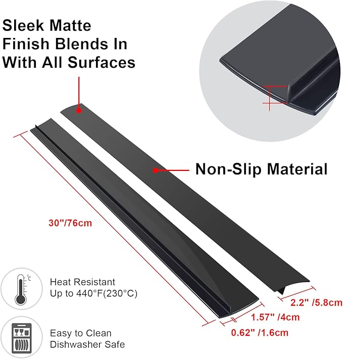 Silicone Stove Counter Gap Cover (2 Pack),Easy Clean Heat Resistant Wide & Long Kitchen Stove Gap Filler,Seals Spills Between Counters, Oven, Stovetops, Washing Machines, Washer, Dryer(30 in, Black)