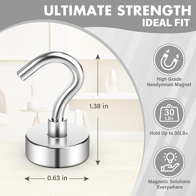 100Pack Heavy Duty Magnetic Hooks, 30 lbs Strong Neodymium Magnet Hooks for Hanging Mugs, Magnetic Key Holder for Fridge, Magnet with Hook for Cruise, Grill, Fridge - Silver