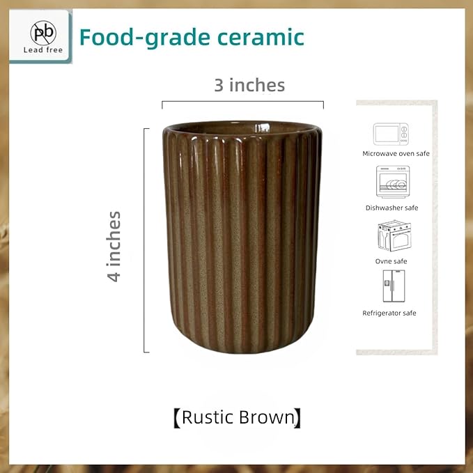 TOPYOKK Stoneware Coffee Bar Utensil Holder Tea & Coffee Spoon & Stirrer Holder for Stir Stick Straw Teaspoon Holder Spoon Cup Small Utensil Jar Fluted Vertical Stripe (Rustic Brown)