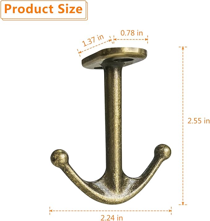 Zinc Alloy Double Prong Ceiling Hooks, 4-Pack Under Shelf Coat Hooks Hanging Towel Robe Clothes Cap Bathroom Kitchen Cabinet Garage Use (Bronze)