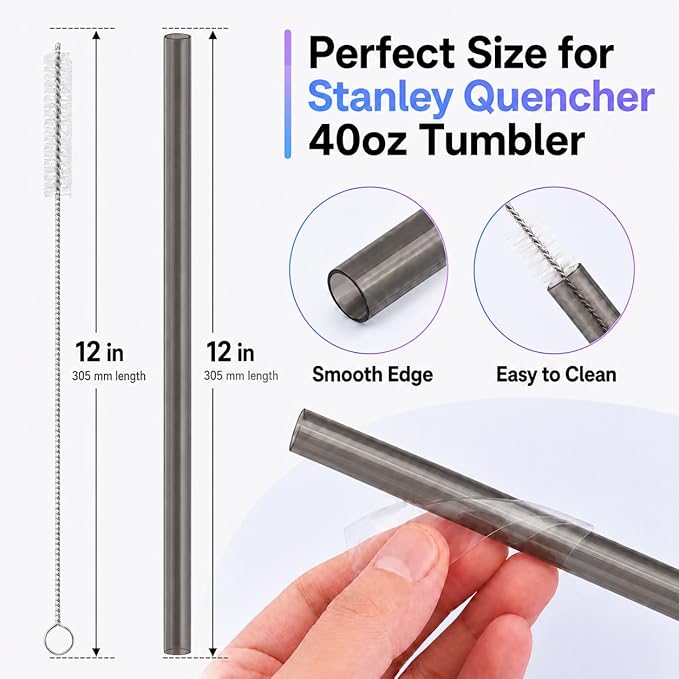 Joshey 12 Inch Tritan Replacement Straws for Stanley 40oz Tumbler - 6 Pack Reusable Long Straws with Cleaning Brush, Fits 30oz & 40oz Stanley Cup Accessories, BPA-Free (Gray)