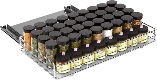 Pull-Out Cabinet Spice Rack Organizer - Slim Slide-Out Storage for Spices, Bottles & Jars, Premium Heavy-Duty Steel, Easy Install for Narrow Kitchen Cabinets - 18 ⅜ W x 10 ½ D x 2 ¾ H, Chrome