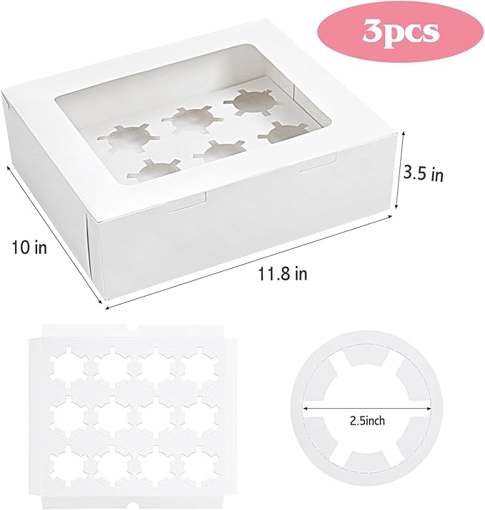 Moretoes 3 Pack Cupcake Boxes, Hold 12 Standard Cupcakes, Cupcake Containers with Window, Hold 36 Pastries, Disposable Graduation Party Boxes for Cupcakes Desserts(White)