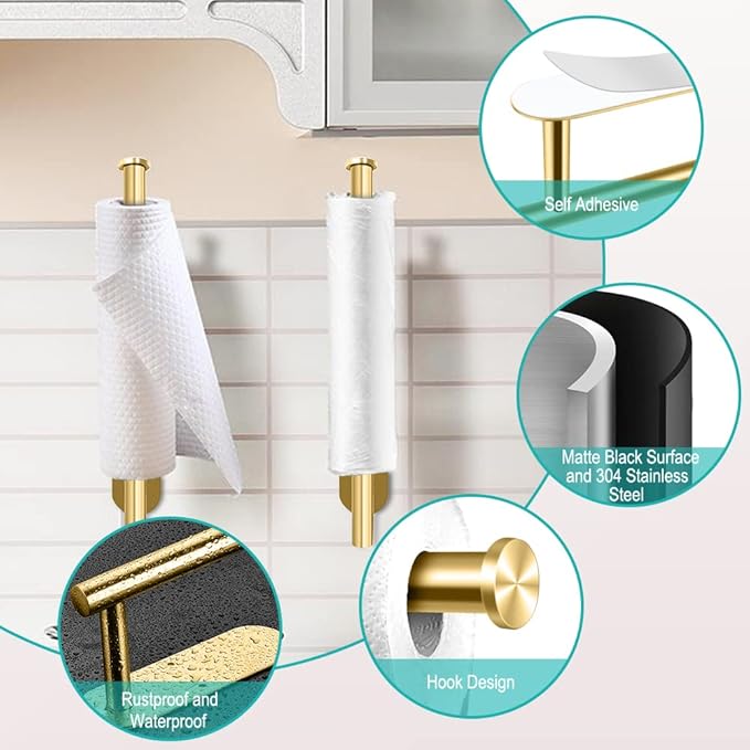 MGahyi 13.2 Inch Wall Mount Paper Towel Holder, Self Adhesive & Drilling Dual Use Under Cabinet Towel Rack, L-Type Rust Resistant Metal Roll Hanger for Kitchen, Bathroom, Pantry(Gold, Rectangle)