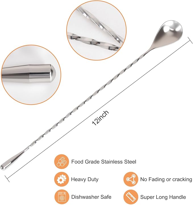 2 Pack Bar Spoon, Cocktail Mixing Spoon, Long Spoons for Stirring, 12 Inch Professional Spiral Stir Spoon for Bartenders, Home Bar Mixing Cocktail Making (304 Grade)