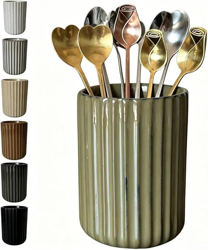 TOPYOKK Stoneware Coffee Bar Utensil Holder Tea & Coffee Spoon & Stirrer Holder for Stir Stick Straw Teaspoon Holder Spoon Cup Small Utensil Jar Fluted Vertical Stripe (Retro Green)