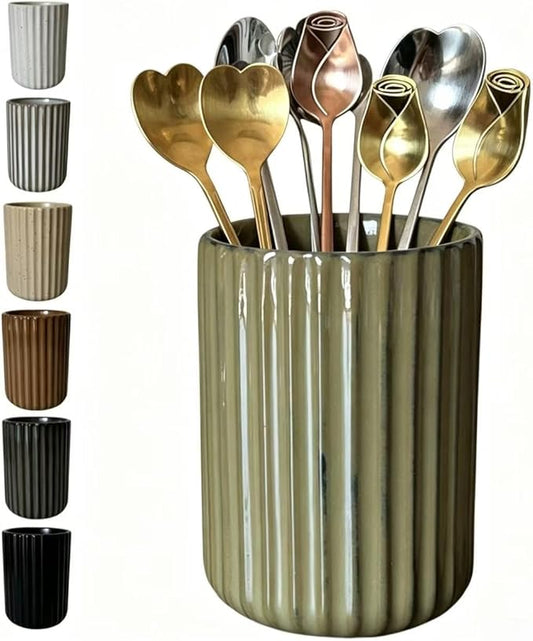 TOPYOKK Stoneware Coffee Bar Utensil Holder Tea & Coffee Spoon & Stirrer Holder for Stir Stick Straw Teaspoon Holder Spoon Cup Small Utensil Jar Fluted Vertical Stripe (Retro Green)