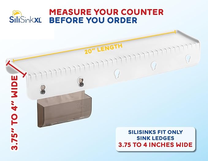 SiliSink XL Silicone Edge Guard for Kitchen Sink - Fits 3.75” - 4” Wide - The Original Silicone Sink Edge Protector with Sponge Caddy - Splash Guard, 20” White