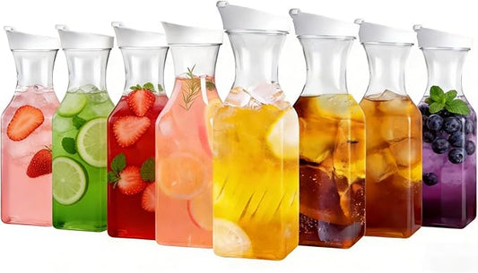 Set Of 8 Plastic Carafe With Lid, 50 Oz Mimosa Bar Supplies, Large Plastic Water Pitcher, Square Base Juice Containers For Party, Milk Container, Beverage Containers For Fridge- HAND WASH ONLY