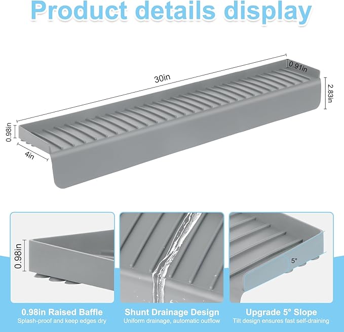 Silicone Faucet Splash Guard 4" x 30", Faucet Water Catcher Mat, Longer Silicone Sink Mat for Kitchen, Bathroom, Laundry Room, Farmhouse for Quartz Kitchen Sink（Gray）