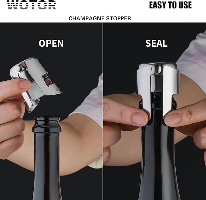 WOTOR Champagne Stoppers Stainless Steel, Prosecco Bottle Stopper with Food Grade Silicone, Reusable Champagne Cork & Saver, Leak proof Keep Fresh (Silver, 2 Pack)