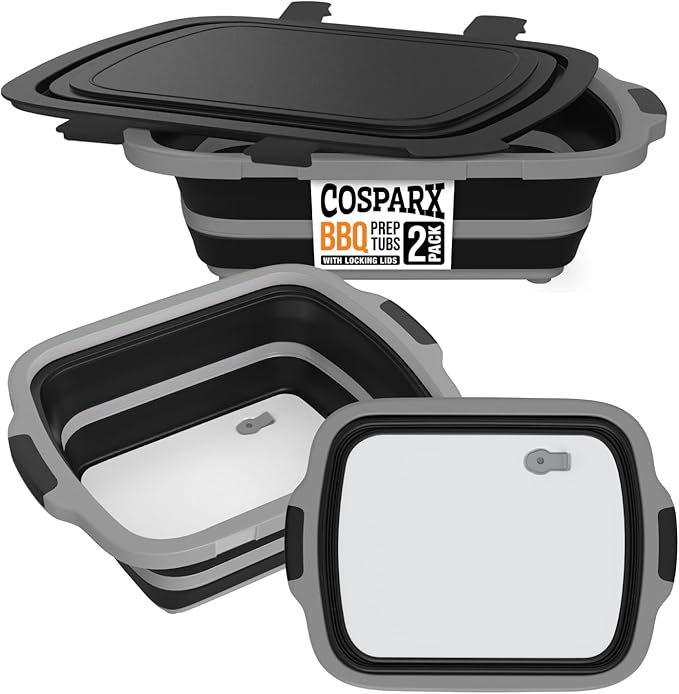 2-Pack XL Collapsible BBQ Prep Tub with Built-In Cutting Board, Lid & Strainer – Marinate, Drain & Prep – Large Food-Safe Container – Perfect for Grilling, Smoking & Outdoor Cooking (Black)